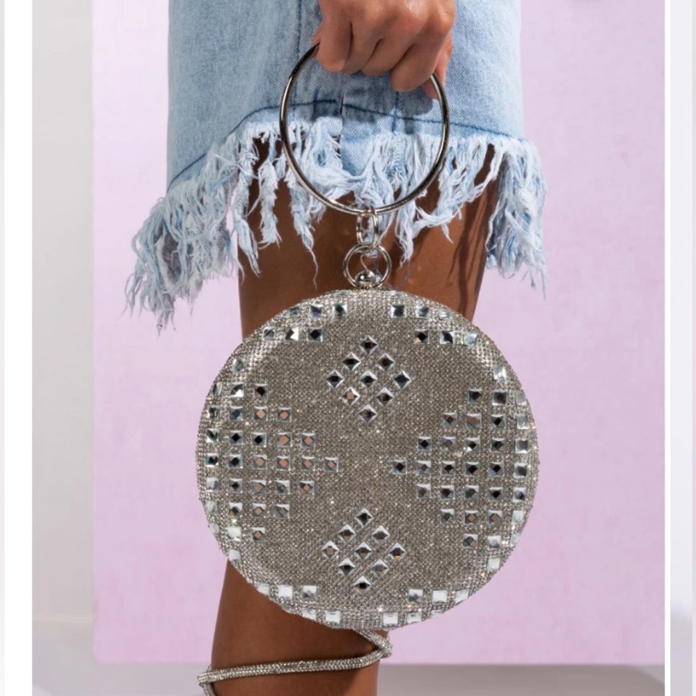AKIRA Silver Light Me Up Rhinestone Round Circle Crystal Clutch Evening Bag NWT